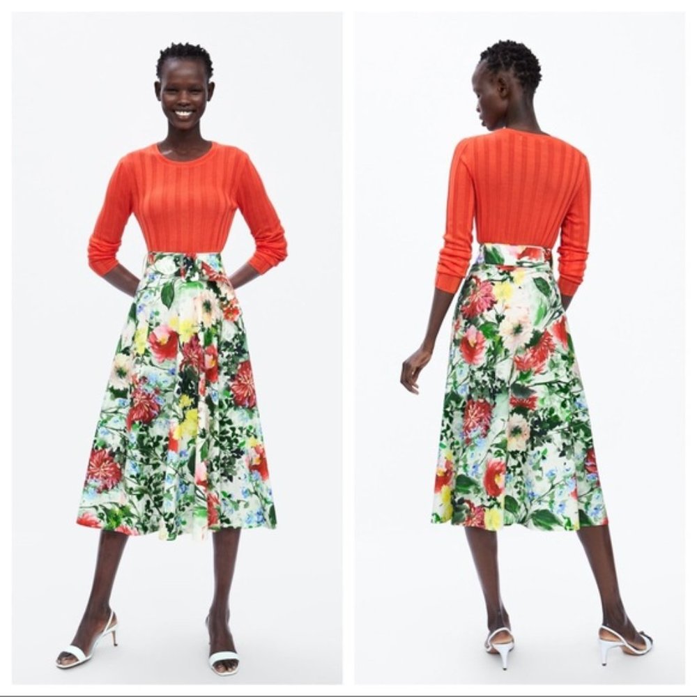 Zara Floral Print A-line Midi Skirt